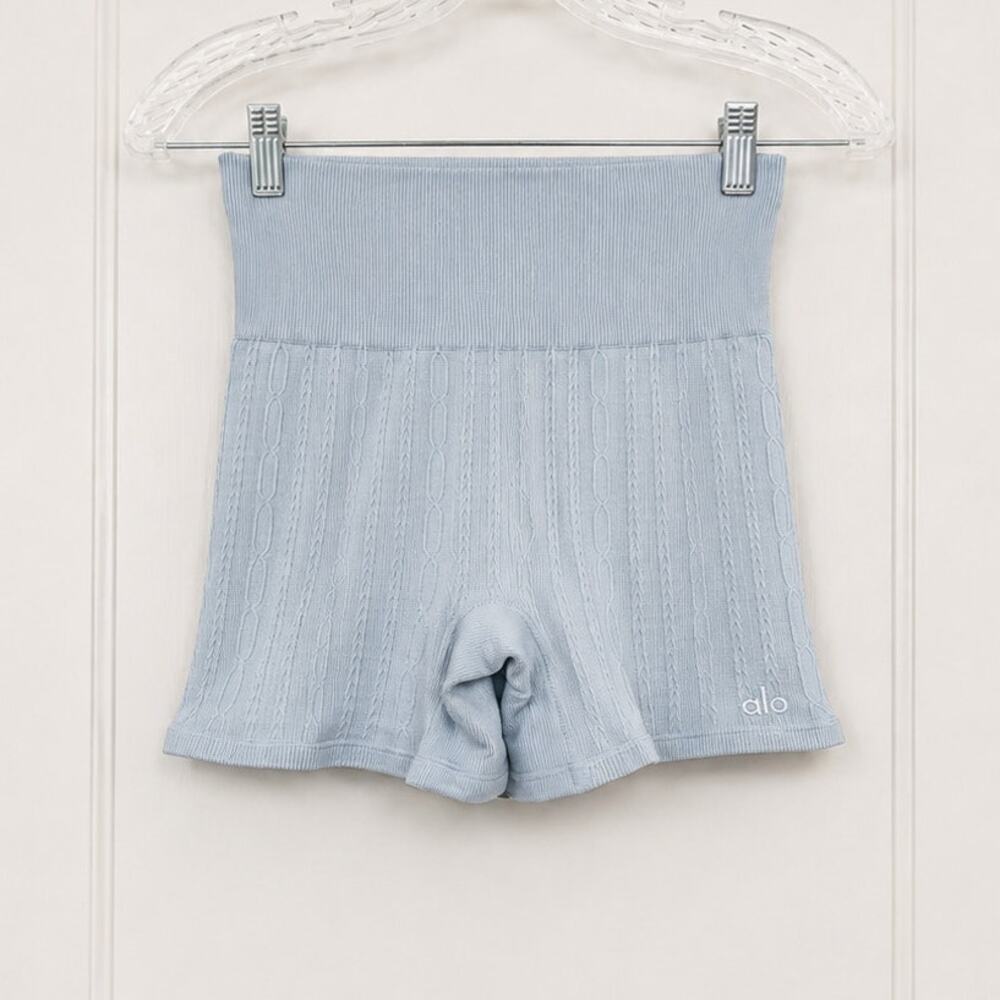 Alo Yoga High-Waist Cable Knit Biker Shorts Chalk Blue XS- Small Stain